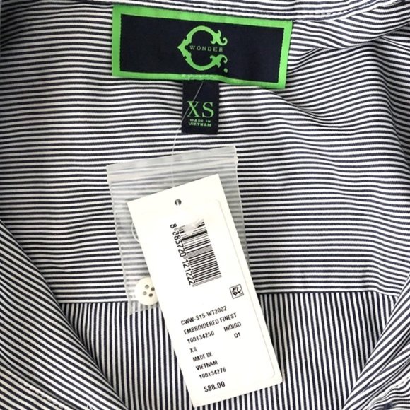 New C Wonder Embroidered Striped Collarless Button Down Shirt Indigo Size XS - Picture 14 of 16